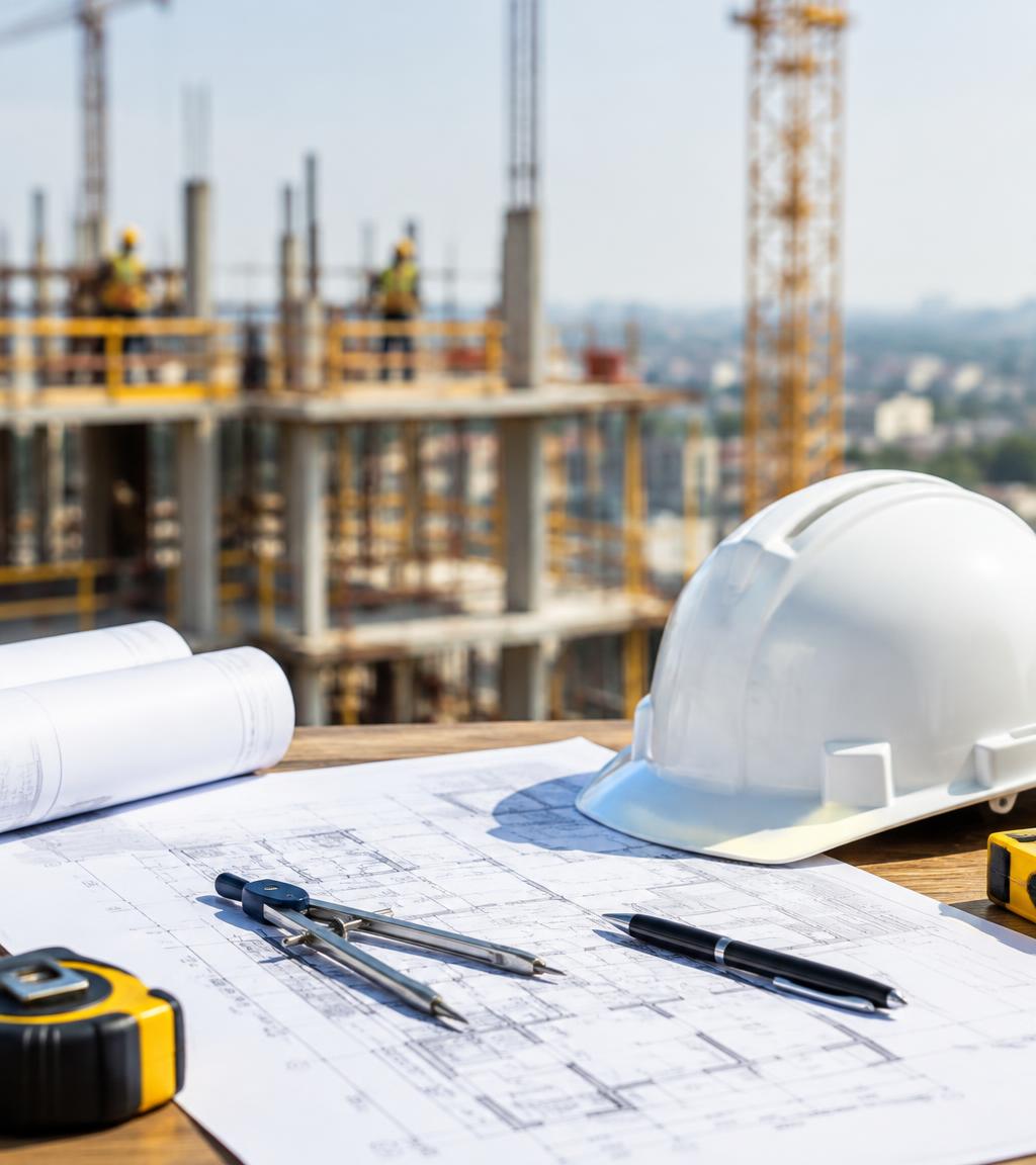 Blueprints and hard hat at a GRCL construction site